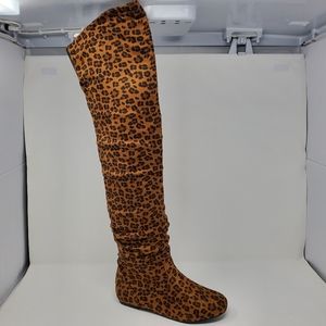 West Blvd Womens LONDON THIGH HIGH Boots Over The Knee Flat Heels Leopard